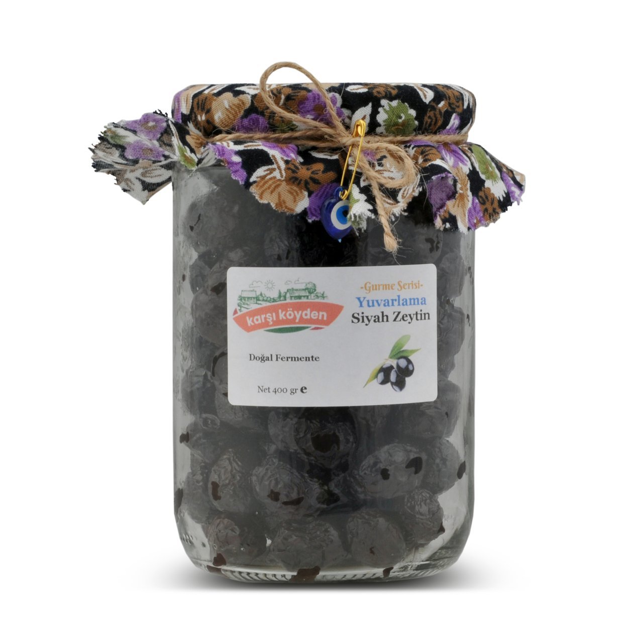 Karşı Köyden Gurme Serisi Doğal Fermente Yuvarlama Siyah Zeytin (400gr - Cam Kavanoz)