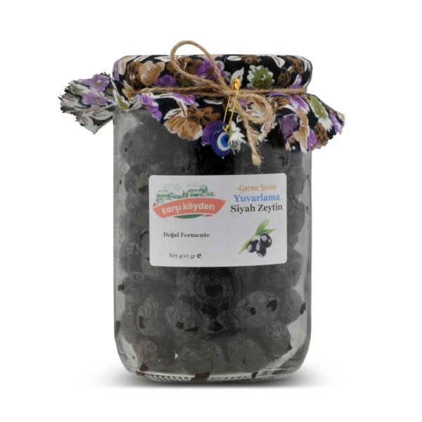 Karşı Köyden Gurme Serisi Doğal Fermente Yuvarlama Siyah Zeytin (400gr - Cam Kavanoz)