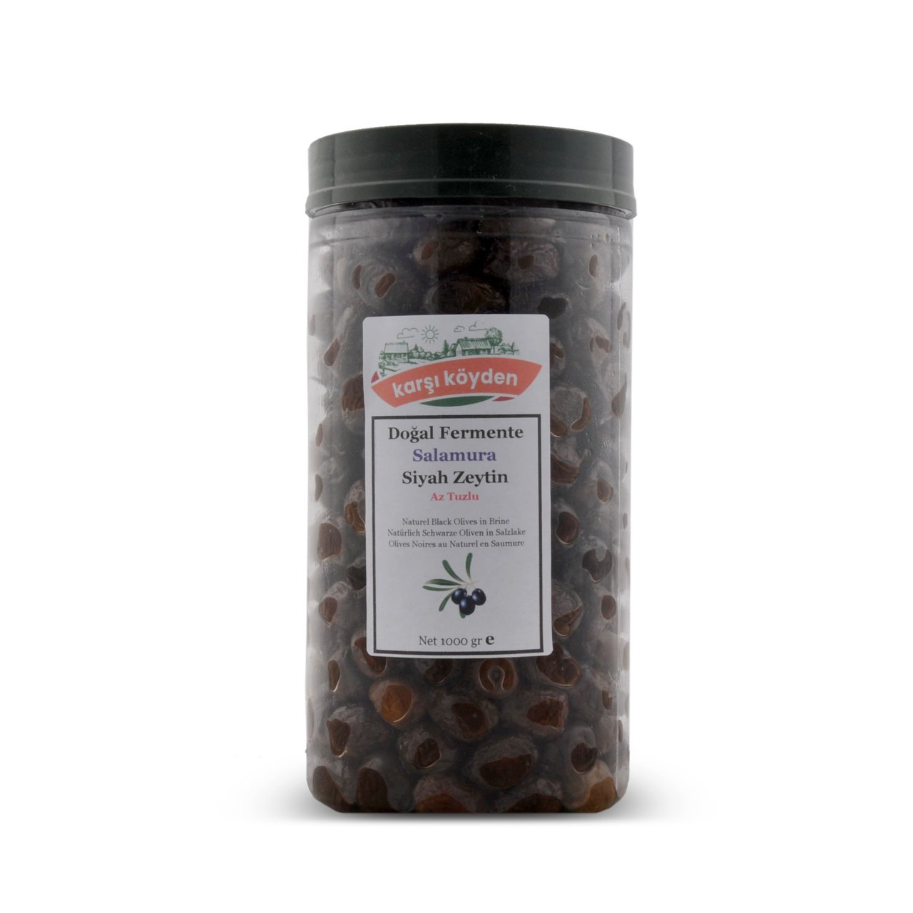 Karşı Köyden Doğal Fermente Salamura Siyah Zeytin - Az Tuzlu (1000gr - Pet Kavanoz)