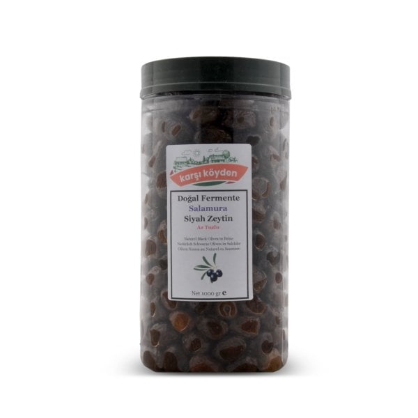 Karşı Köyden Doğal Fermente Salamura Siyah Zeytin - Az Tuzlu (1000gr - Pet Kavanoz)