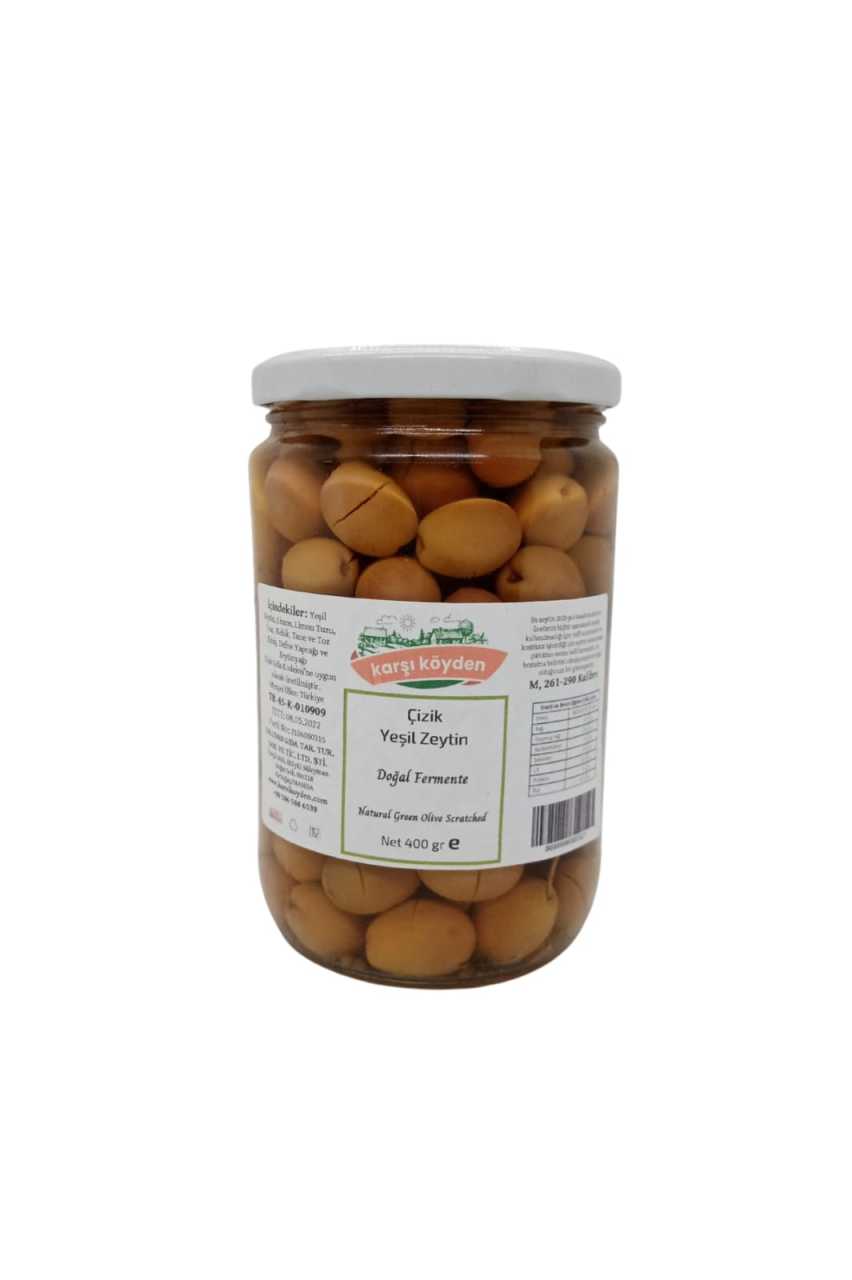 Karşı Köyden Doğal Salamura Çizik Yeşil Zeytin, 400 g, Cam Kavanoz