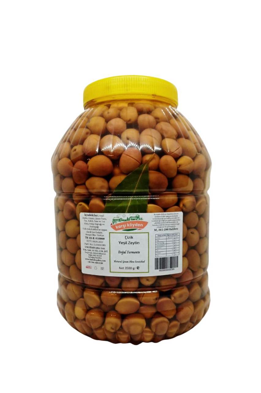 Karşı Köyden Doğal Salamura Çizik Yeşil Zeytin, 3.5 Kg, Cracked Green Olives